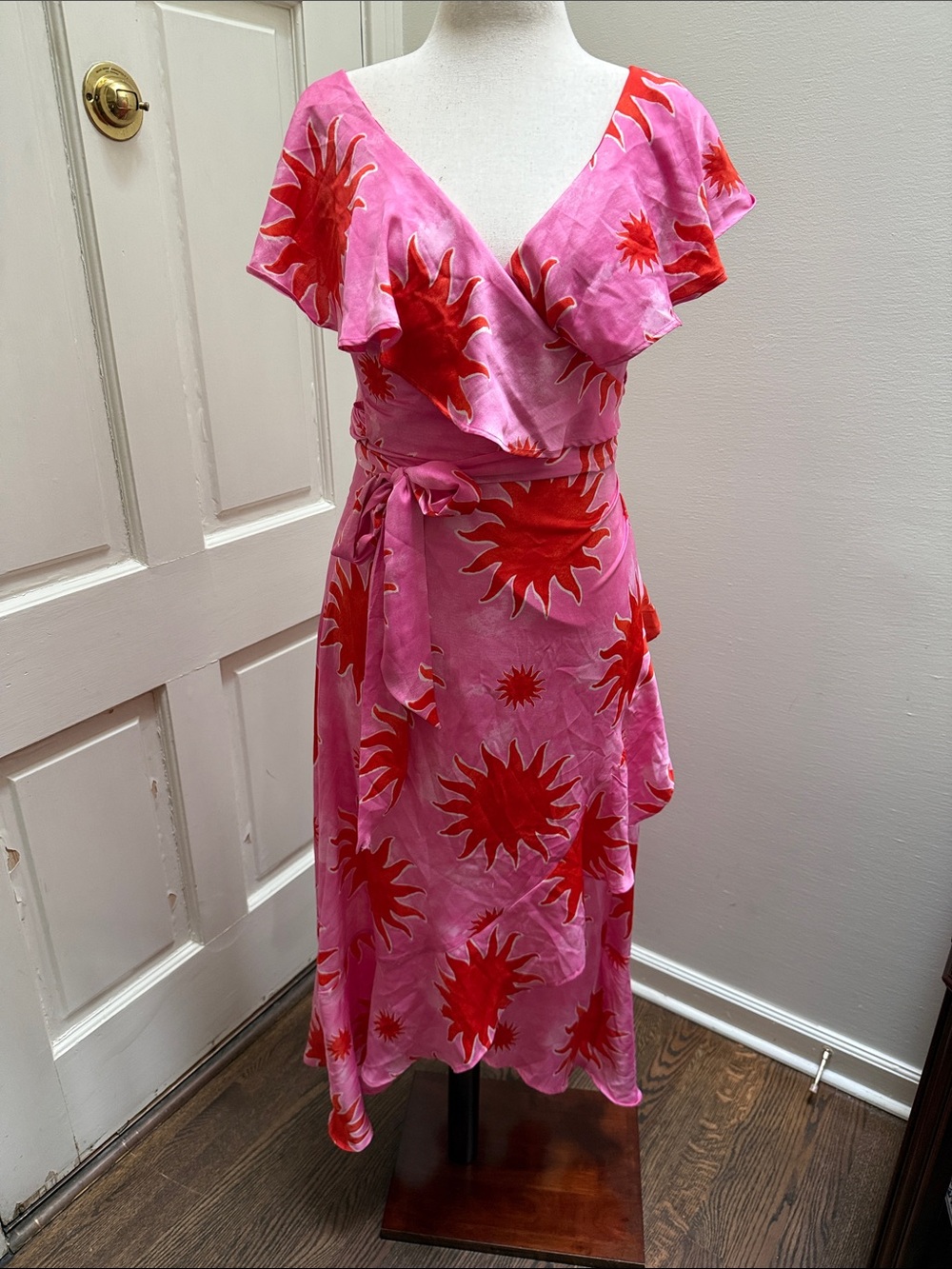 Topshop Pink Midi Wrap Dress with Red Sunburst Print